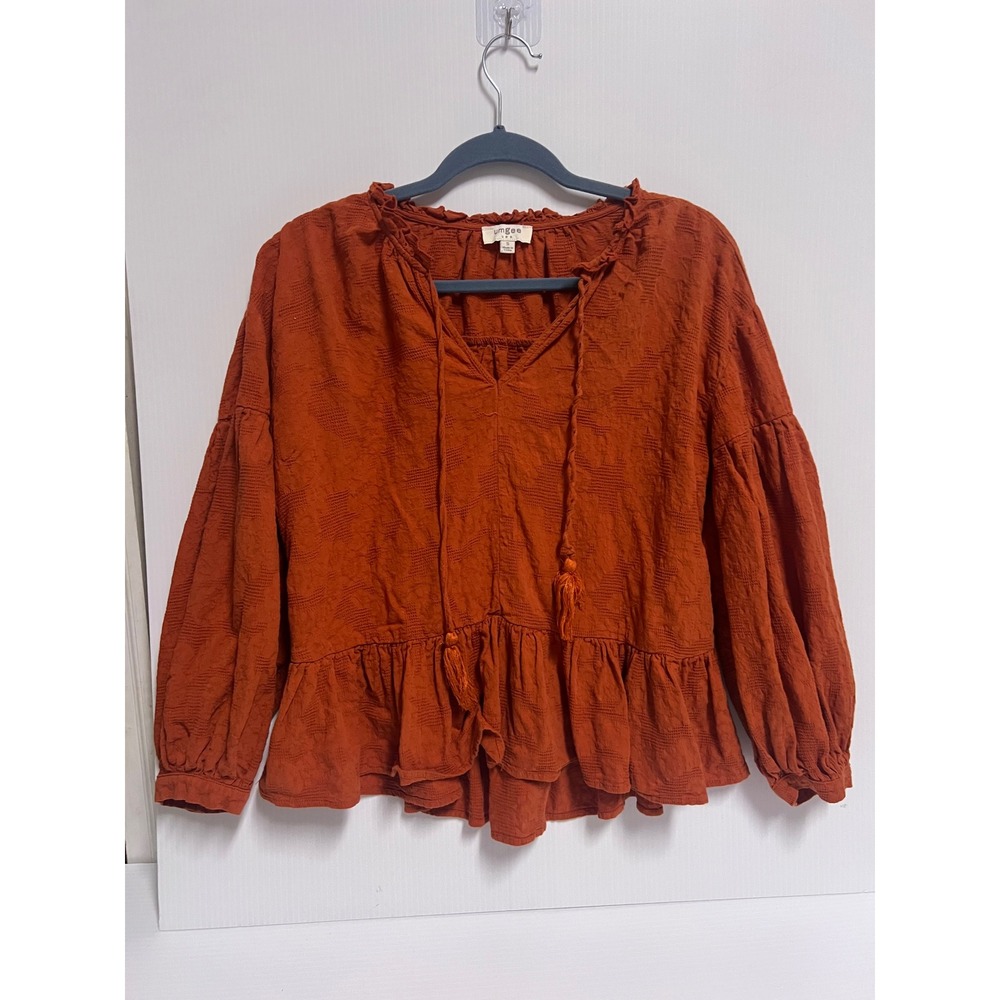 Umgee USA Rust Orange Boho Peasant Blouse Tassel Tie Peplum Top Small